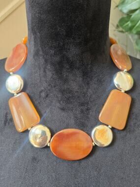 Chunky Orange Gold Tone Geometric Beaded Statement Necklace